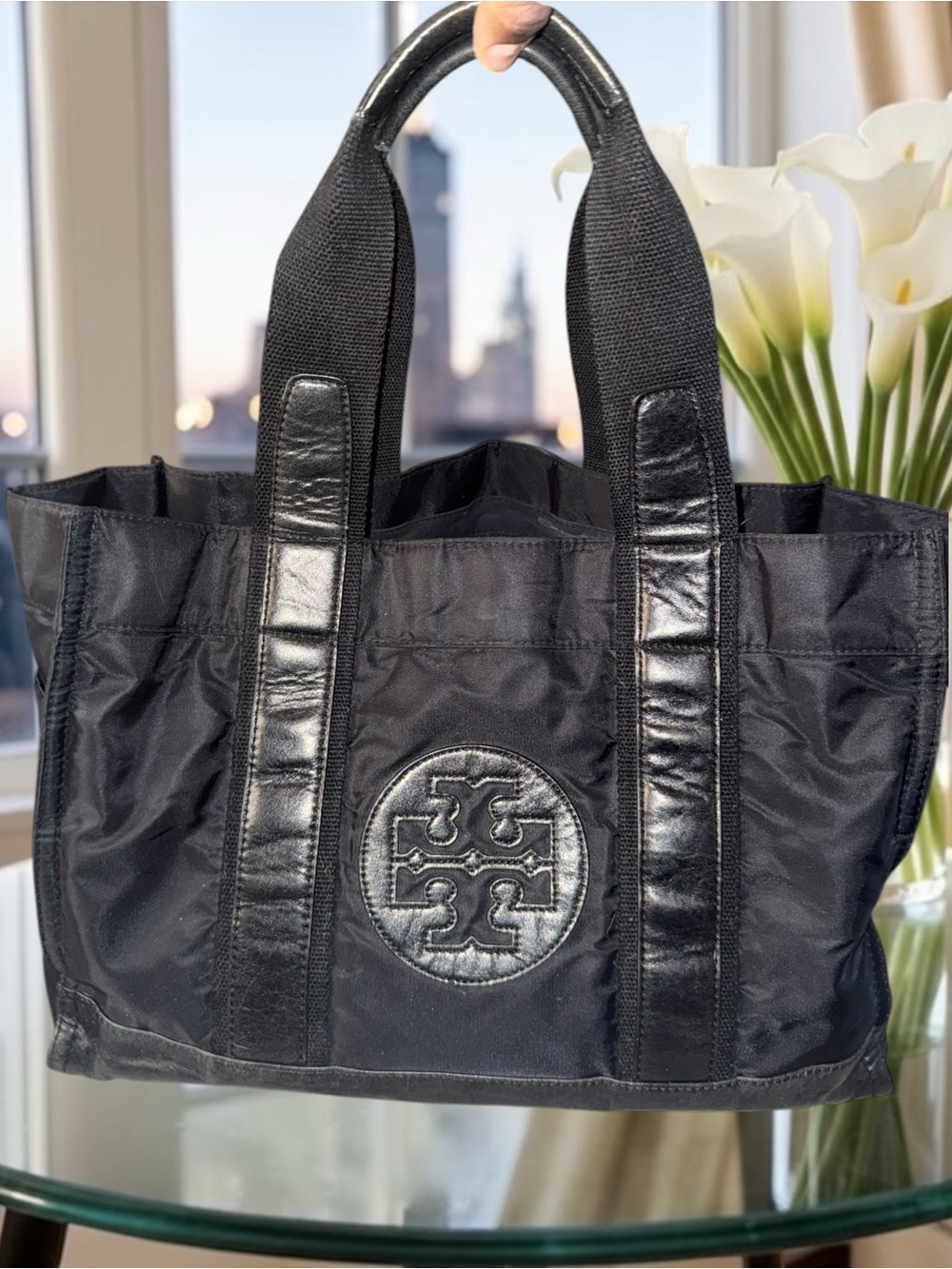 Tory Burch Ella Large Nylon & Leather Logo Tote Bag – Black